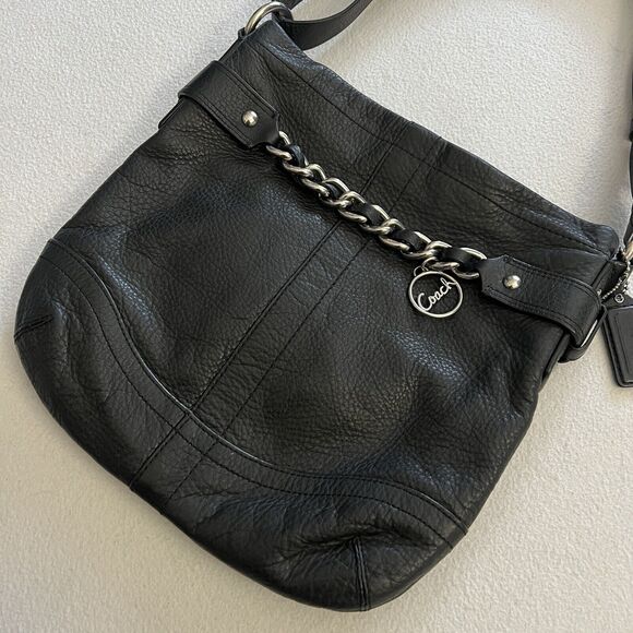 Coach F19722 Black Pebble Leather Chain Duffle Cross Body Shoulder Bag Purse - Picture 2 of 14